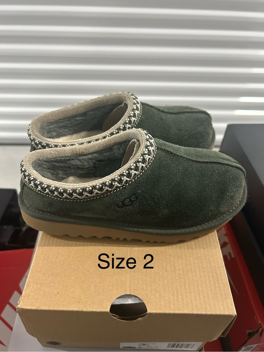 UGG Kids Olive Green Suede Slip-On Clog with Braided Trim